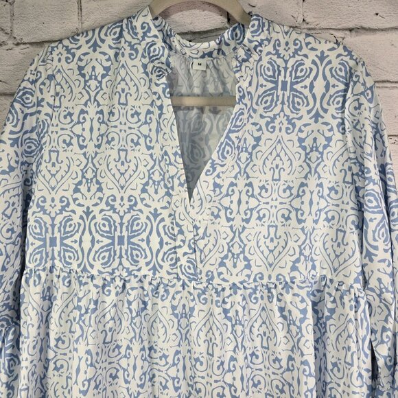 WOMENS BOHO BELL SLEEVE BLUE AND WHITE ALL OVER PRINT  VNECK  DRESS SIZE MED - Picture 3 of 9